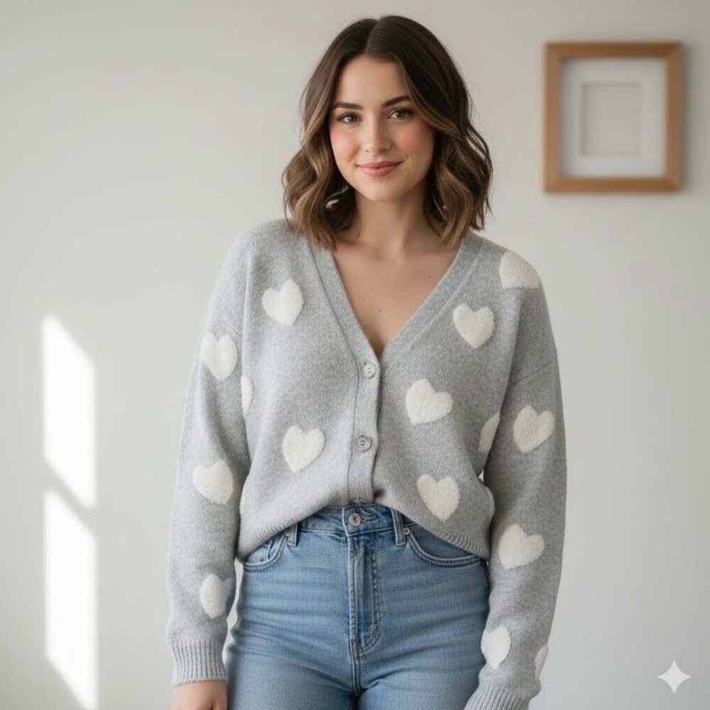 Cupcakes & Cashmere Grey Heart Cardigan M